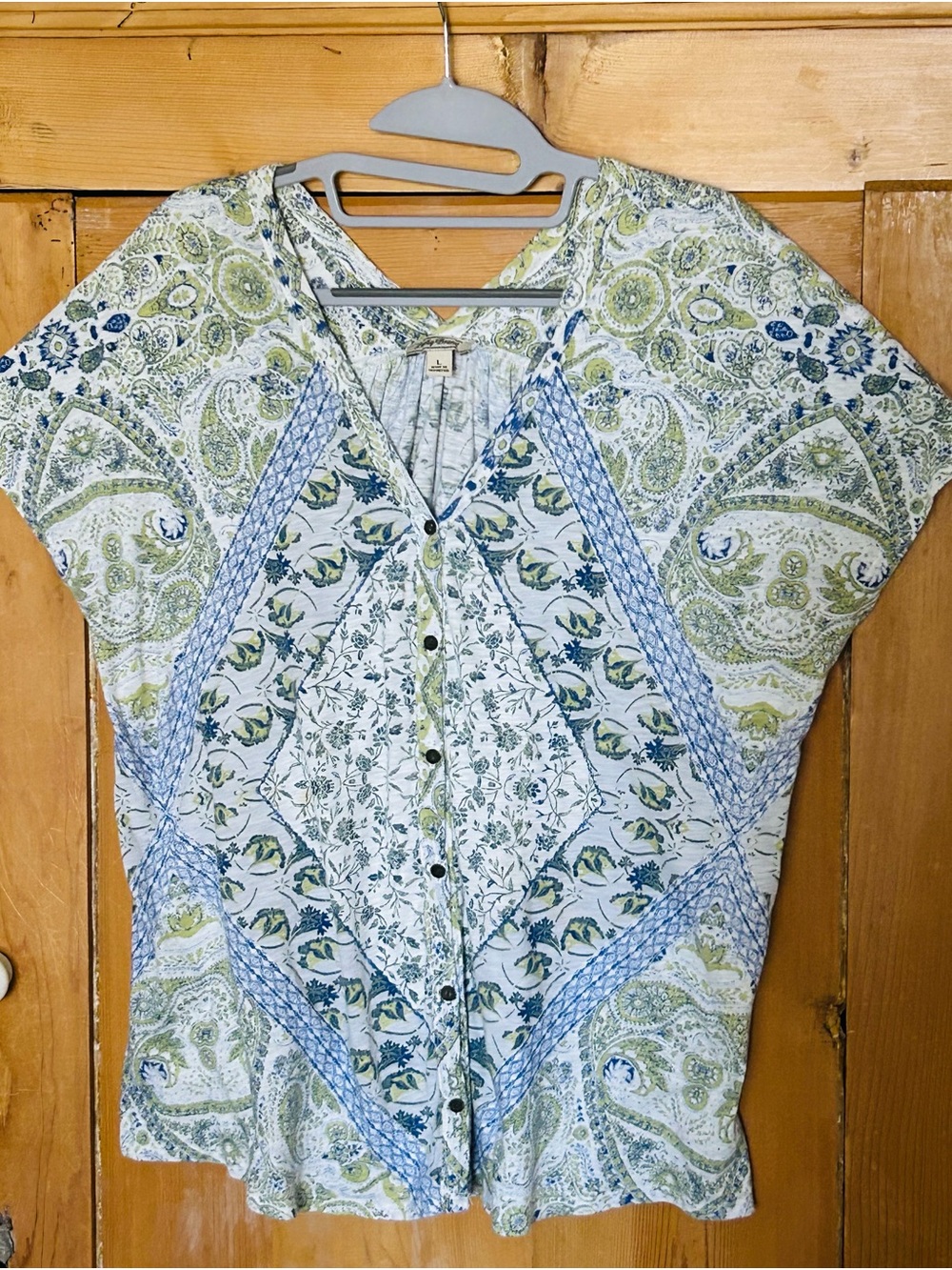 Lucky Brand Blue, Green and White Paisley Mixed-Print Button Front Top